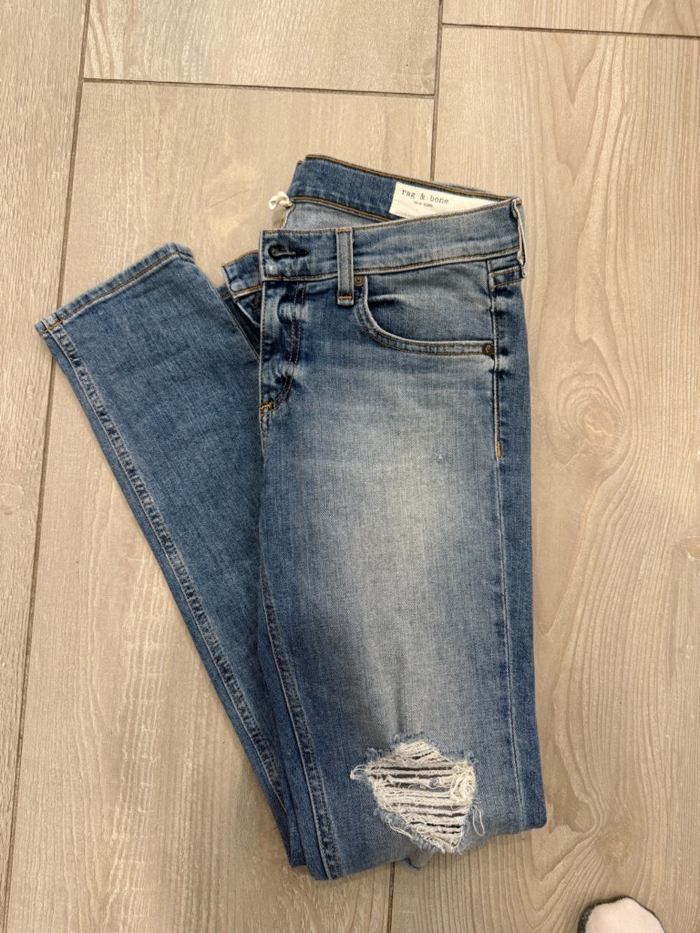 rag & bone Medium Blue Distressed Skinny Jeans